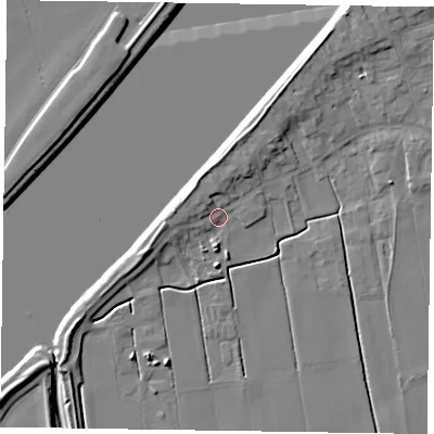 Shaded relief map of the ground around DN148BX, computed from Environment Agency LiDAR. The ground here sits at about 4 m above sea level and falls 7 m across the surrounding 800 m. Surface water reaching this point runs off ground lying to the west, 3.0 m higher.