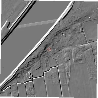 Shaded relief map of the ground around DN148DE, computed from Environment Agency LiDAR. The ground here sits at about 2 m above sea level and falls 7 m across the surrounding 800 m. Surface water reaching this point runs off ground lying to the west, 4.3 m higher.
