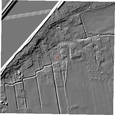 Shaded relief map of the ground around DN148DG, computed from Environment Agency LiDAR. The ground here sits at about 2 m above sea level and falls 7 m across the surrounding 800 m. Surface water reaching this point runs off ground lying to the west-north-west, 5.3 m higher.