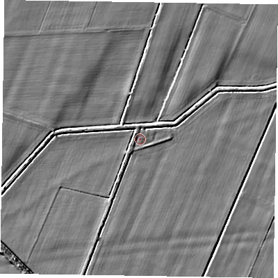 Shaded relief map of the ground around DN148DR, computed from Environment Agency LiDAR. The ground here sits at about 2 m above sea level and falls 4 m across the surrounding 800 m. Surface water reaching this point runs off ground lying to the west, 2.5 m higher.