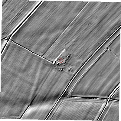 Shaded relief map of the ground around DN148DY, computed from Environment Agency LiDAR. The ground here sits at about 2 m above sea level and falls 5 m across the surrounding 800 m. Surface water reaching this point runs off ground lying to the south-west, 2.1 m higher.