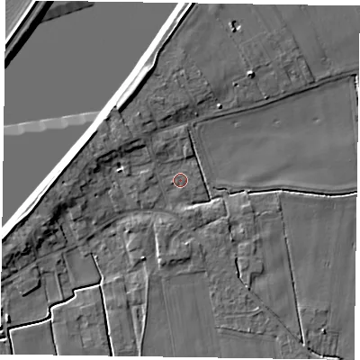 Shaded relief map of the ground around DN148EE, computed from Environment Agency LiDAR. The ground here sits at about 2 m above sea level and falls 7 m across the surrounding 800 m. Surface water reaching this point runs off ground lying to the north-west, 1.8 m higher.