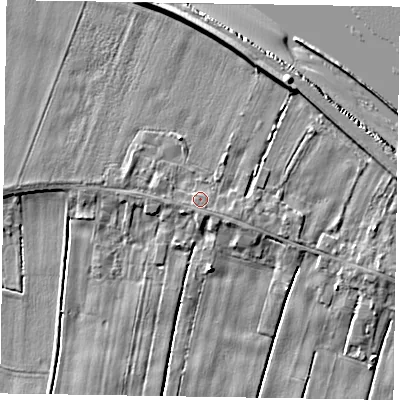 Shaded relief map of the ground around DN148ER, computed from Environment Agency LiDAR. The ground here sits at about 4 m above sea level and falls 8 m across the surrounding 800 m. Surface water reaching this point runs off ground lying to the south-east, 0.8 m higher.