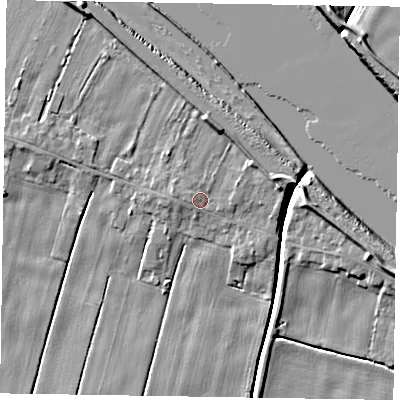 Shaded relief map of the ground around DN148ET, computed from Environment Agency LiDAR. The ground here sits at about 4 m above sea level and falls 8 m across the surrounding 800 m. Surface water reaching this point runs off ground lying to the north, 3.6 m higher.