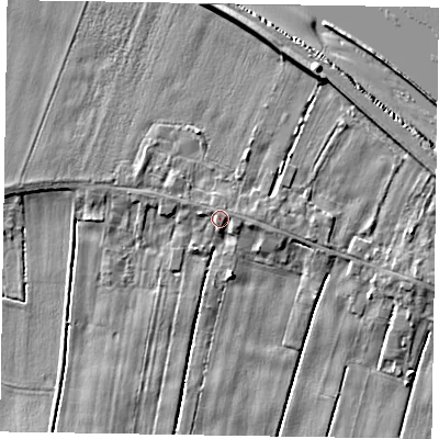 Shaded relief map of the ground around DN148EW, computed from Environment Agency LiDAR. The ground here sits at about 4 m above sea level and falls 8 m across the surrounding 800 m. Surface water reaching this point runs off ground lying to the east-north-east, 1.5 m higher.