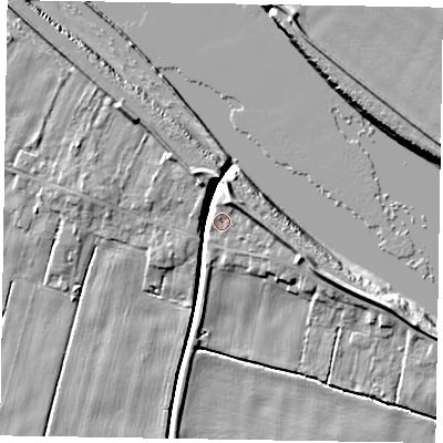 Shaded relief map of the ground around DN148HD, computed from Environment Agency LiDAR. The ground here sits at about 4 m above sea level and falls 8 m across the surrounding 800 m. Surface water reaching this point runs off ground lying to the north, 7.0 m higher.