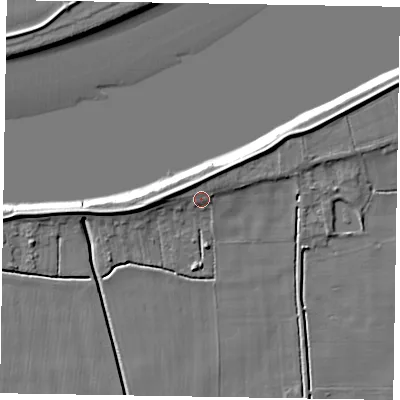 Shaded relief map of the ground around DN148HJ, computed from Environment Agency LiDAR. The ground here sits at about 4 m above sea level and falls 8 m across the surrounding 800 m. Surface water reaching this point runs off ground lying to the north-north-west, 4.2 m higher.