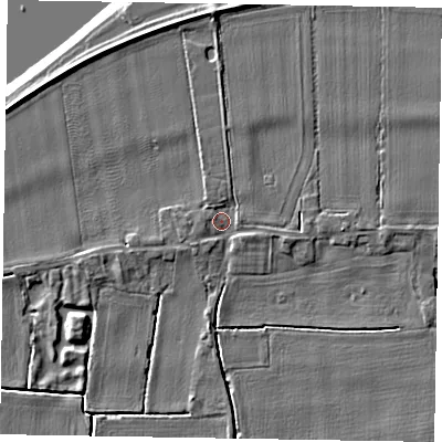 Shaded relief map of the ground around DN148HP, computed from Environment Agency LiDAR. The ground here sits at about 3 m above sea level and falls 8 m across the surrounding 800 m. Surface water reaching this point runs off ground lying to the north, 2.0 m higher.