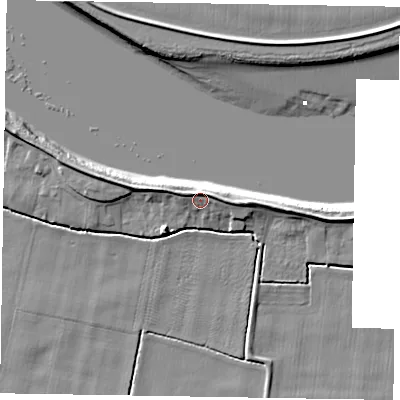 Shaded relief map of the ground around DN148HQ, computed from Environment Agency LiDAR. The ground here sits at about 4 m above sea level and falls 8 m across the surrounding 800 m. Surface water reaching this point runs off ground lying to the north-north-west, 3.7 m higher.