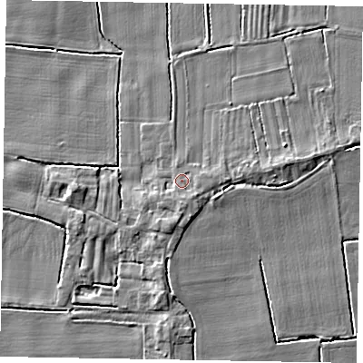 Shaded relief map of the ground around DN148HS, computed from Environment Agency LiDAR. The ground here sits at about 4 m above sea level and falls 5 m across the surrounding 800 m. Surface water reaching this point runs off ground lying to the south, 1.5 m higher.