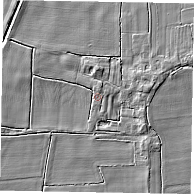 Shaded relief map of the ground around DN148HY, computed from Environment Agency LiDAR. The ground here sits at about 3 m above sea level and falls 6 m across the surrounding 800 m. Surface water reaching this point runs off ground lying to the north-north-east, 2.2 m higher.