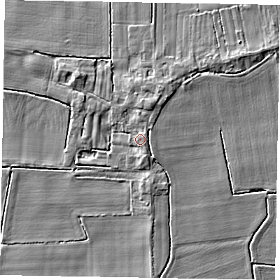 Shaded relief map of the ground around DN148JD, computed from Environment Agency LiDAR. The ground here sits at about 4 m above sea level and falls 5 m across the surrounding 800 m. Surface water reaching this point runs off ground lying to the south-south-east, 1.8 m higher.
