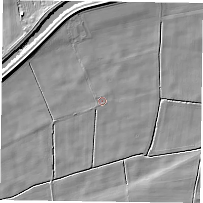 Shaded relief map of the ground around DN148JT, computed from Environment Agency LiDAR. The ground here sits at about 2 m above sea level and falls 7 m across the surrounding 800 m. The ground contributing surface water to this point lies to the south-west.