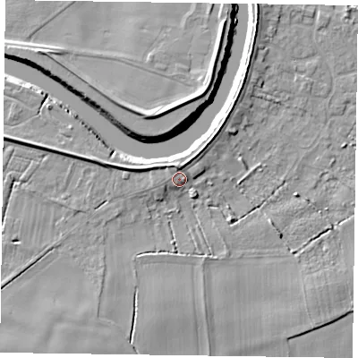 Shaded relief map of the ground around DN148LD, computed from Environment Agency LiDAR. The ground here sits at about 5 m above sea level and falls 7 m across the surrounding 800 m. Surface water reaching this point runs off ground lying to the north, 2.7 m higher.