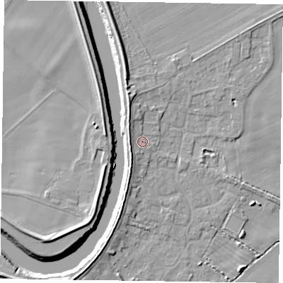 Shaded relief map of the ground around DN148LF, computed from Environment Agency LiDAR. The ground here sits at about 4 m above sea level and falls 7 m across the surrounding 800 m. Surface water reaching this point runs off ground lying to the west, 2.7 m higher.