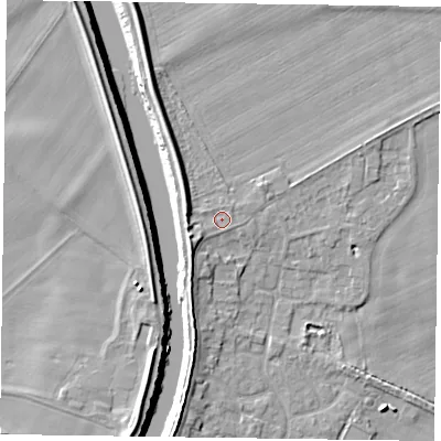 Shaded relief map of the ground around DN148LG, computed from Environment Agency LiDAR. The ground here sits at about 4 m above sea level and falls 7 m across the surrounding 800 m. Surface water reaching this point runs off ground lying to the west, 2.8 m higher.