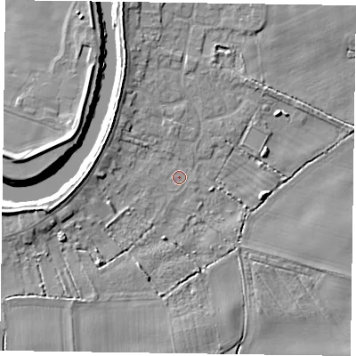 Shaded relief map of the ground around DN148LP, computed from Environment Agency LiDAR. The ground here sits at about 2 m above sea level and falls 7 m across the surrounding 800 m. Surface water reaching this point runs off ground lying to the west, 0.8 m higher.