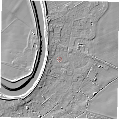 Shaded relief map of the ground around DN148LU, computed from Environment Agency LiDAR. The ground here sits at about 3 m above sea level and falls 7 m across the surrounding 800 m. Surface water reaching this point runs off ground lying to the west, 3.3 m higher.