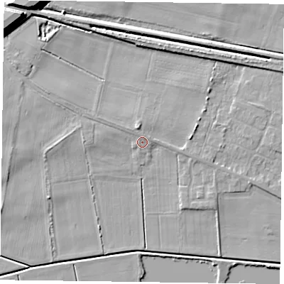 Shaded relief map of the ground around DN148NJ, computed from Environment Agency LiDAR. The ground here sits at about 4 m above sea level and falls 12 m across the surrounding 800 m. Surface water reaching this point runs off ground lying to the north, 1.0 m higher.