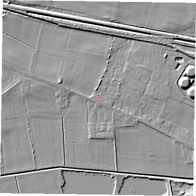 Shaded relief map of the ground around DN148NL, computed from Environment Agency LiDAR. The ground here sits at about 4 m above sea level and falls 10 m across the surrounding 800 m. Surface water reaching this point runs off ground lying to the south, 0.6 m higher.