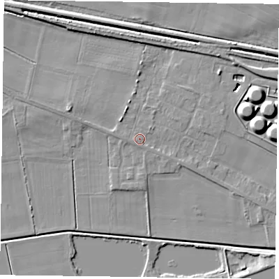 Shaded relief map of the ground around DN148NP, computed from Environment Agency LiDAR. The ground here sits at about 4 m above sea level and falls 10 m across the surrounding 800 m. Surface water reaching this point runs off ground lying to the west-south-west, 1.3 m higher.