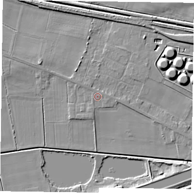 Shaded relief map of the ground around DN148NU, computed from Environment Agency LiDAR. The ground here sits at about 4 m above sea level and falls 10 m across the surrounding 800 m. Surface water reaching this point runs off ground lying to the east-north-east, 0.7 m higher.