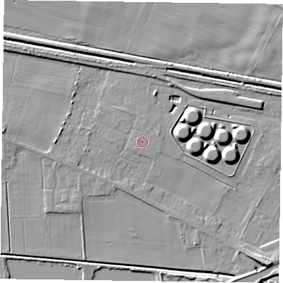 Shaded relief map of the ground around DN148PF, computed from Environment Agency LiDAR. The ground here sits at about 4 m above sea level and falls 11 m across the surrounding 800 m. Surface water reaching this point runs off ground lying to the east-north-east, 0.7 m higher.