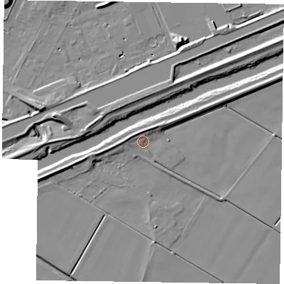 Shaded relief map of the ground around DN148PP, computed from Environment Agency LiDAR. The ground here sits at about 4 m above sea level and falls 10 m across the surrounding 800 m. Surface water reaching this point runs off ground lying to the west, 3.6 m higher.