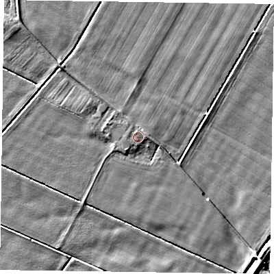 Shaded relief map of the ground around DN148PU, computed from Environment Agency LiDAR. The ground here sits at about 3 m above sea level and falls 6 m across the surrounding 800 m. Surface water reaching this point runs off ground lying to the east-north-east, 0.5 m higher.