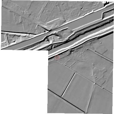 Shaded relief map of the ground around DN148PY, computed from Environment Agency LiDAR. The ground here sits at about 3 m above sea level and falls 10 m across the surrounding 800 m. Surface water reaching this point runs off ground lying to the west-north-west, 4.2 m higher.
