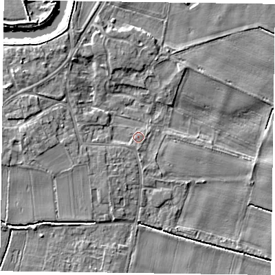 Shaded relief map of the ground around DN148QB, computed from Environment Agency LiDAR. The ground here sits at about 4 m above sea level and falls 5 m across the surrounding 800 m. Surface water reaching this point runs off ground lying to the south, 0.7 m higher.