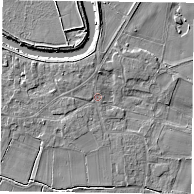 Shaded relief map of the ground around DN148QE, computed from Environment Agency LiDAR. The ground here sits at about 5 m above sea level and falls 5 m across the surrounding 800 m. Surface water reaching this point runs off ground lying to the west-north-west, 1.2 m higher.