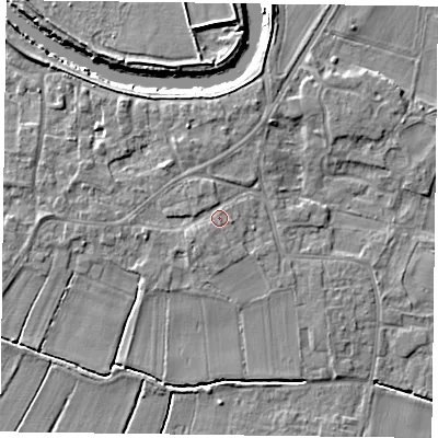 Shaded relief map of the ground around DN148QF, computed from Environment Agency LiDAR. The ground here sits at about 5 m above sea level and falls 5 m across the surrounding 800 m. The ground contributing surface water to this point lies to the south-south-west.