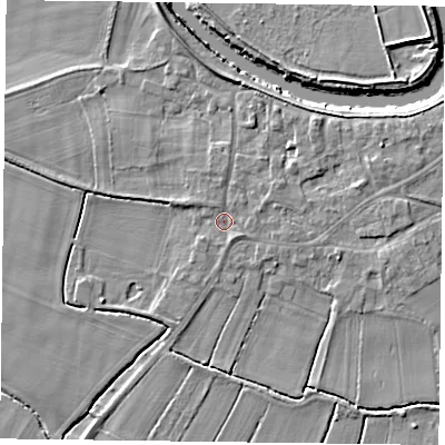 Shaded relief map of the ground around DN148QJ, computed from Environment Agency LiDAR. The ground here sits at about 4 m above sea level and falls 6 m across the surrounding 800 m. Surface water reaching this point runs off ground lying to the north, 1.2 m higher.