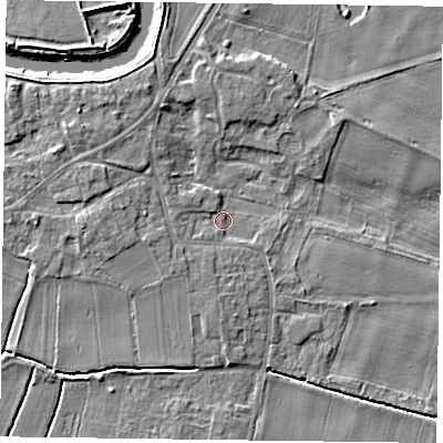 Shaded relief map of the ground around DN148QP, computed from Environment Agency LiDAR. The ground here sits at about 4 m above sea level and falls 5 m across the surrounding 800 m. Surface water reaching this point runs off ground lying to the west-north-west, 2.6 m higher.