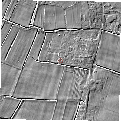 Shaded relief map of the ground around DN148QZ, computed from Environment Agency LiDAR. The ground here sits at about 3 m above sea level and falls 4 m across the surrounding 800 m. Surface water reaching this point runs off ground lying to the north-north-west, 2.4 m higher.