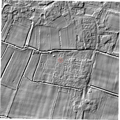 Shaded relief map of the ground around DN148RA, computed from Environment Agency LiDAR. The ground here sits at about 3 m above sea level and falls 4 m across the surrounding 800 m. The ground contributing surface water to this point lies to the east-south-east.