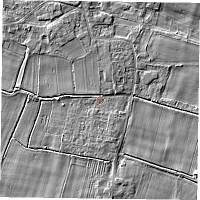 Shaded relief map of the ground around DN148RG, computed from Environment Agency LiDAR. The ground here sits at about 3 m above sea level and falls 5 m across the surrounding 800 m. Surface water reaching this point runs off ground lying to the north-north-west, 3.5 m higher.