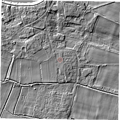 Shaded relief map of the ground around DN148RT, computed from Environment Agency LiDAR. The ground here sits at about 4 m above sea level and falls 5 m across the surrounding 800 m. The ground contributing surface water to this point lies to the west-north-west.