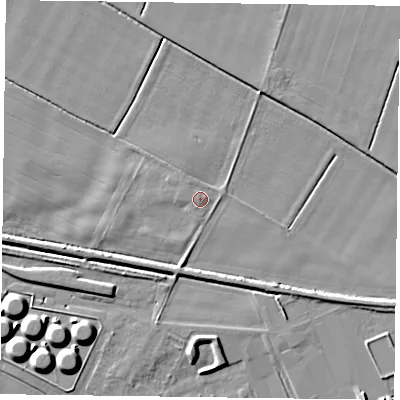 Shaded relief map of the ground around DN148SQ, computed from Environment Agency LiDAR. The ground here sits at about 4 m above sea level and falls 7 m across the surrounding 800 m. Surface water reaching this point runs off ground lying to the west, 1.2 m higher.