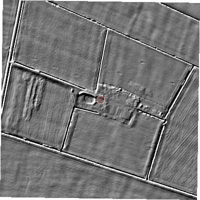 Shaded relief map of the ground around DN148SS, computed from Environment Agency LiDAR. The ground here sits at about 3 m above sea level and falls 3 m across the surrounding 800 m. Surface water reaching this point runs off ground lying to the west-north-west, 2.4 m higher.