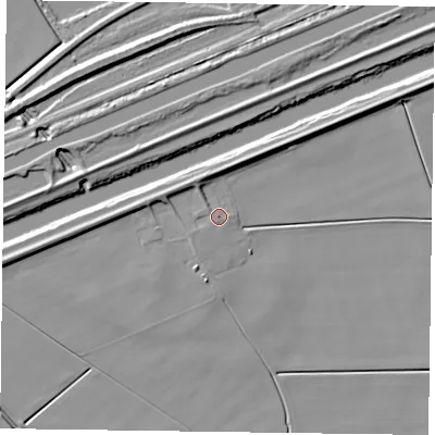 Shaded relief map of the ground around DN148SW, computed from Environment Agency LiDAR. The ground here sits at about 4 m above sea level and falls 6 m across the surrounding 800 m. Surface water reaching this point runs off ground lying to the west-north-west, 2.7 m higher.