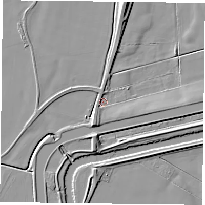 Shaded relief map of the ground around DN148SX, computed from Environment Agency LiDAR. The ground here sits at about 4 m above sea level and falls 10 m across the surrounding 800 m. Surface water reaching this point runs off ground lying to the south-south-west, 6.2 m higher.