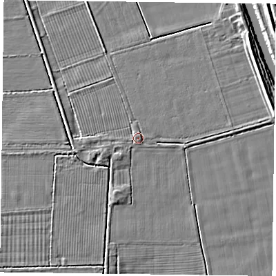 Shaded relief map of the ground around DN149AG, computed from Environment Agency LiDAR. The ground here sits at about 4 m above sea level and falls 5 m across the surrounding 800 m. Surface water reaching this point runs off ground lying to the west-north-west, 0.9 m higher.
