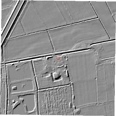 Shaded relief map of the ground around DN149AH, computed from Environment Agency LiDAR. The ground here sits at about 4 m above sea level and falls 6 m across the surrounding 800 m. Surface water reaching this point runs off ground lying to the west, 6.4 m higher.
