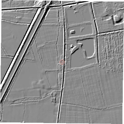 Shaded relief map of the ground around DN149AJ, computed from Environment Agency LiDAR. The ground here sits at about 4 m above sea level and falls 6 m across the surrounding 800 m. Surface water reaching this point runs off ground lying to the north, 2.2 m higher.