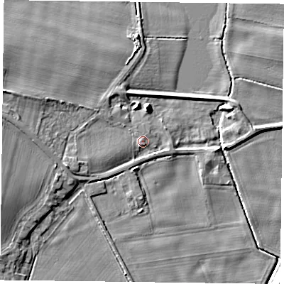 Shaded relief map of the ground around DN149BY, computed from Environment Agency LiDAR. The ground here sits at about 5 m above sea level and falls 8 m across the surrounding 800 m. Surface water reaching this point runs off ground lying to the west-south-west, 3.0 m higher.