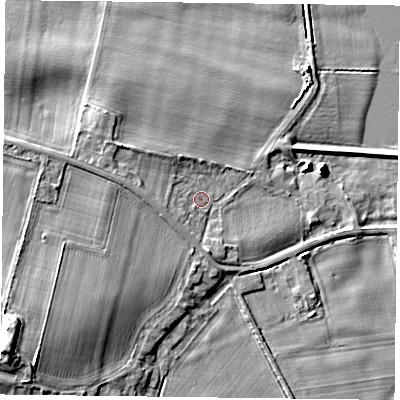 Shaded relief map of the ground around DN149DD, computed from Environment Agency LiDAR. The ground here sits at about 5 m above sea level and falls 10 m across the surrounding 800 m. Surface water reaching this point runs off ground lying to the north-west, 2.8 m higher.