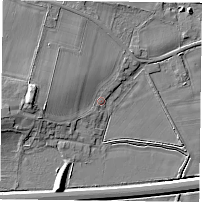 Shaded relief map of the ground around DN149EP, computed from Environment Agency LiDAR. The ground here sits at about 5 m above sea level and falls 10 m across the surrounding 800 m. Surface water reaching this point runs off ground lying to the west, 7.8 m higher.