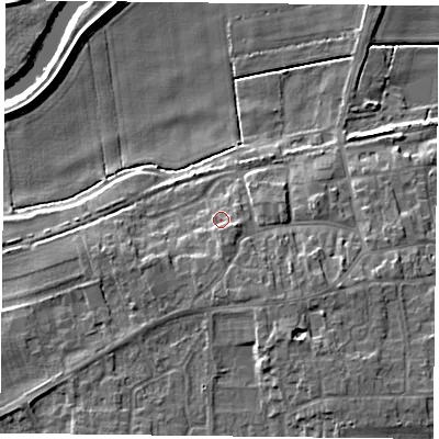 Shaded relief map of the ground around DN149ES, computed from Environment Agency LiDAR. The ground here sits at about 8 m above sea level and falls 10 m across the surrounding 800 m. Surface water reaching this point runs off ground lying to the south, 2.8 m higher.